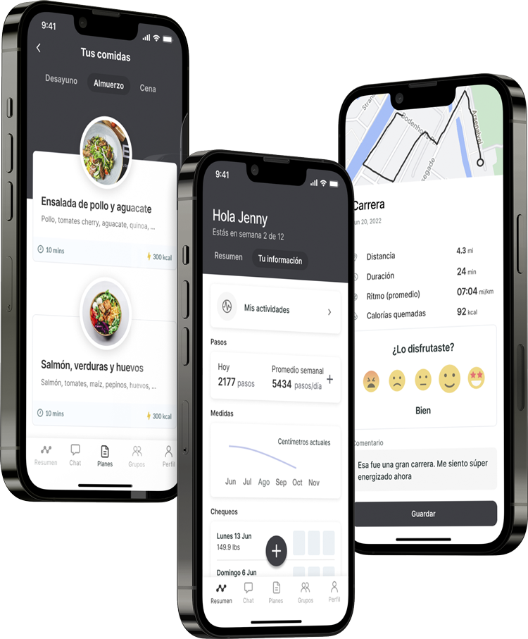 Un mockup de la app de coaching mostrando las funciones.